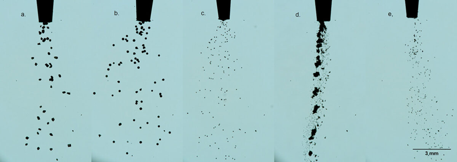 scientific images of nozzles ejecting energetic powders in different spray patterns