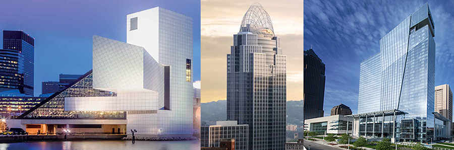 From left: Rock and Roll Hall of Fame (Cleveland, OH), Queen City Square (Cincinnati, OH), Hilton Cleveland Downtown