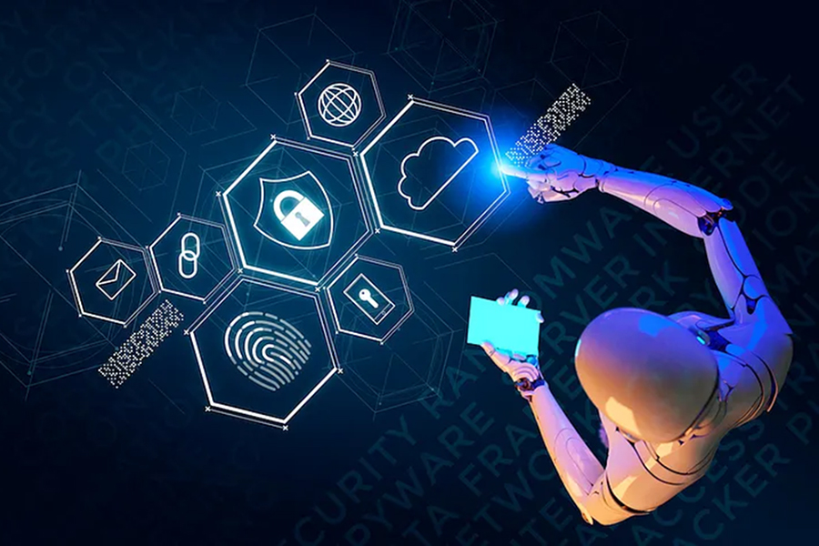 Stock illustration with a robot looking over various icons each representing an area in which artificial intelligence can be used. These areas include security, the cloud, home, etc.