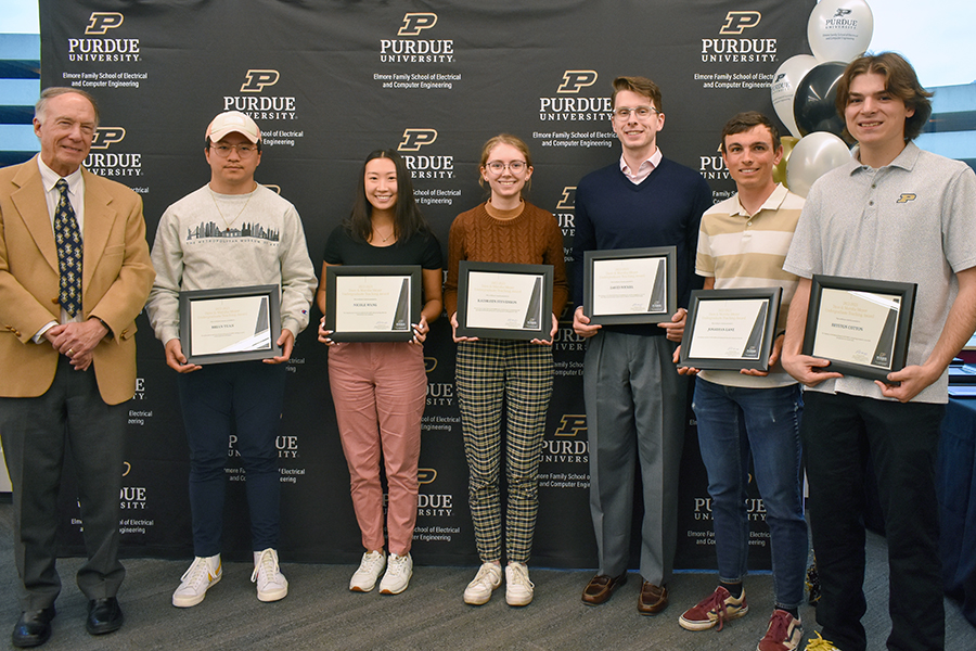 Professor Emeritus David Meyer with undergraduate teaching award winners Brian Yuan, Nicole Wang, Kathleen Stevenson, David Nickel, Jonathan Lane, and Bryston Cotton