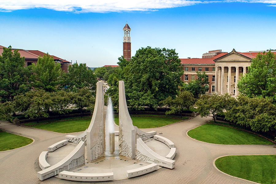 aerial image of engineering fountain on purdue campus