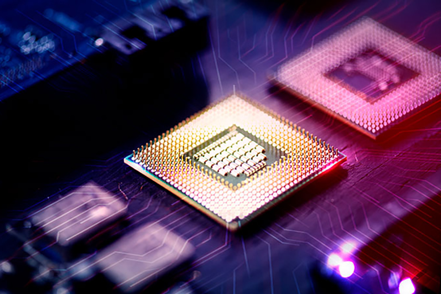 Stock photo showing circuits. The image contains tones of purple, blue, and gold.