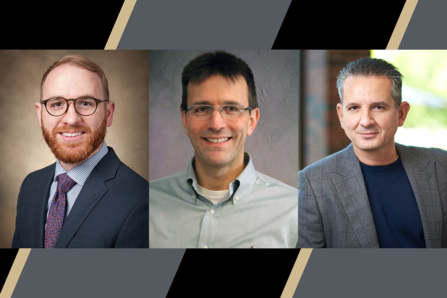 Stitched photo with headshots of Aaron Brovont, Steve Pekarek, and Dionysios Aliprantis. The photos are arranged on a black background with gray and gold stripes.