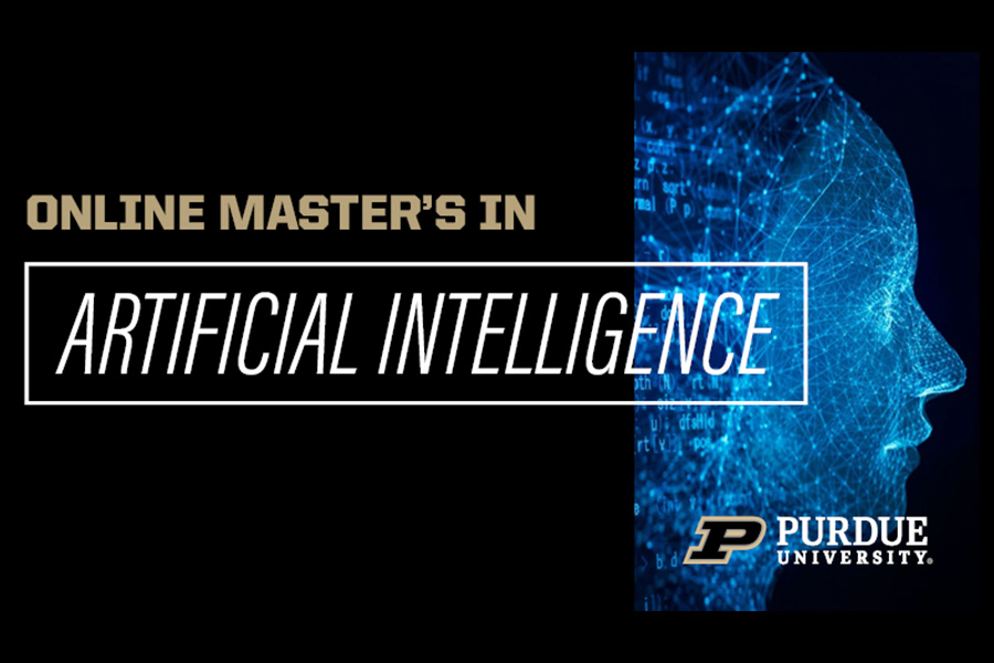 Wordmark reading Online Master's in Artificial Intelligence and an image of a head made up of circuits