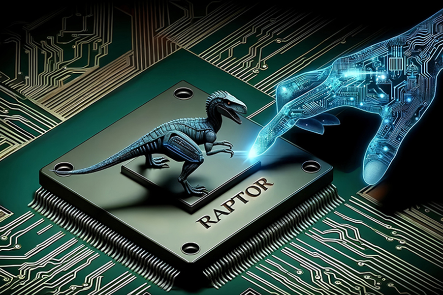 A hand interacts with a dinosaur graphic displayed on a computer chip, representing the blend of ancient and modern technology.