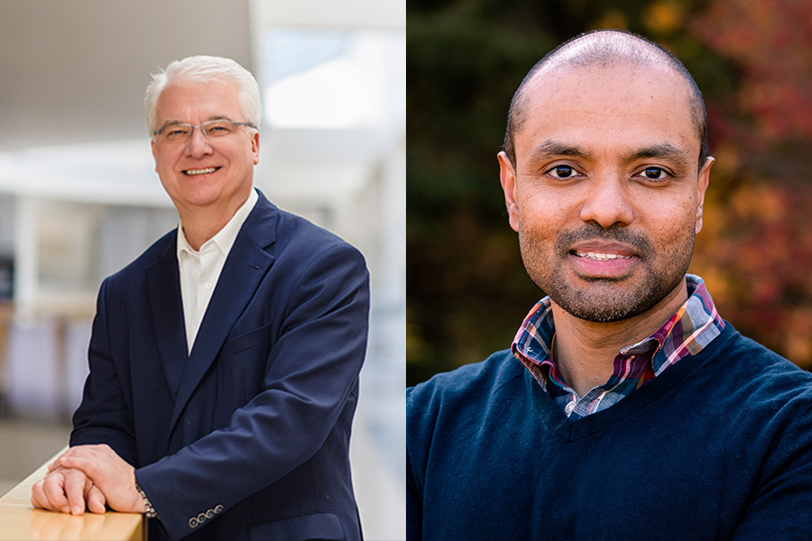 Two photos are placed side by side. Joerg Appenzeller poses for a portrait in the atrium of the Birck Nanotechnology Center. On the right, a headshot of Shreyas Sundaram. He is wearing a sweater with fall foliage behind him.