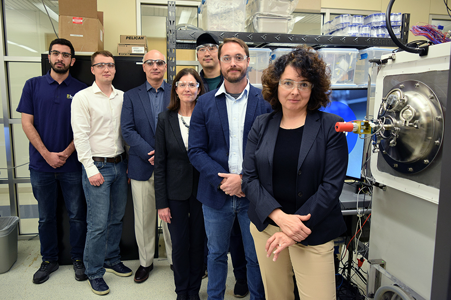 Alina Alexeenko, AAE professor; Drew Strongrich, AAE alumnus and LyoWave CEO; Kyu Yoon, research scientist; Jennifer Gray, operations manager at LyoHub; Dimitrios Peroulis, professor of electrical and computer engineering; Petr Kazarin, postdoctoral researcher; and Ahmad Darwish, senior research associate. 