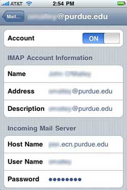 Screenshot of upper portion of IMAP Account Information screen on a mobile phone.
