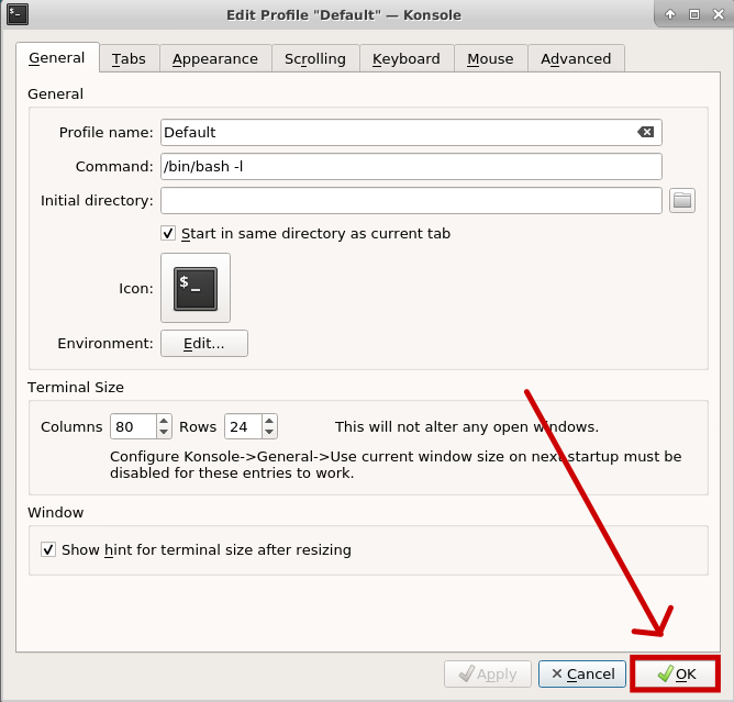 Window with a red arrow pointing to the Ok button that is highlighted by a red rectangle.