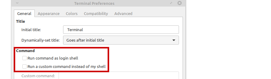 Terminal Preferences Menu with Command section highlighted in red