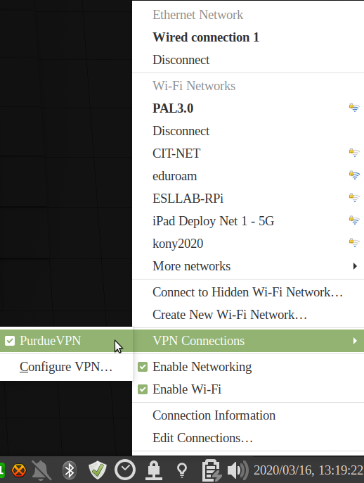 Network Manager connections menu with VPN Connections and PurdueVPN connection selected