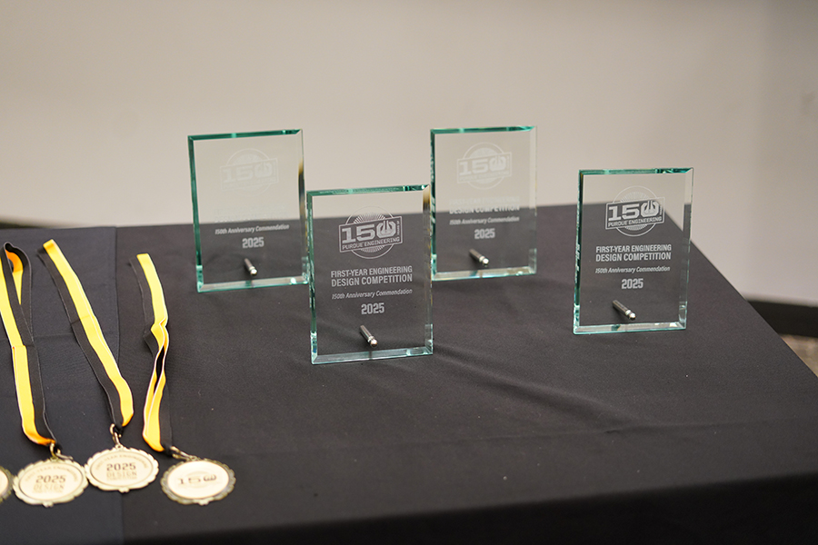 A table with awards on it