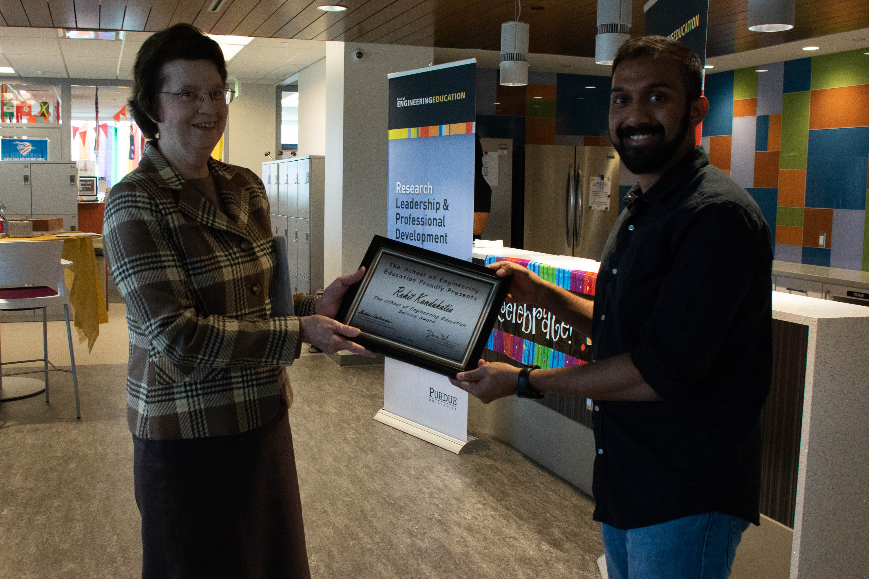 Rohit Kandakatla received this years honor. The ENE Graduate Student Service Award is given to an ENE Ph.D. student who has contributed in multiple ways, over an extended period of time, to the quality of the graduate experience for students in the School of Engineering Education. The awardee is one who has made a positive and lasting change in the ENE graduate student culture and has served as a role model for others. (Pictured here - right - with Dr. Audeen Fentiman on left)