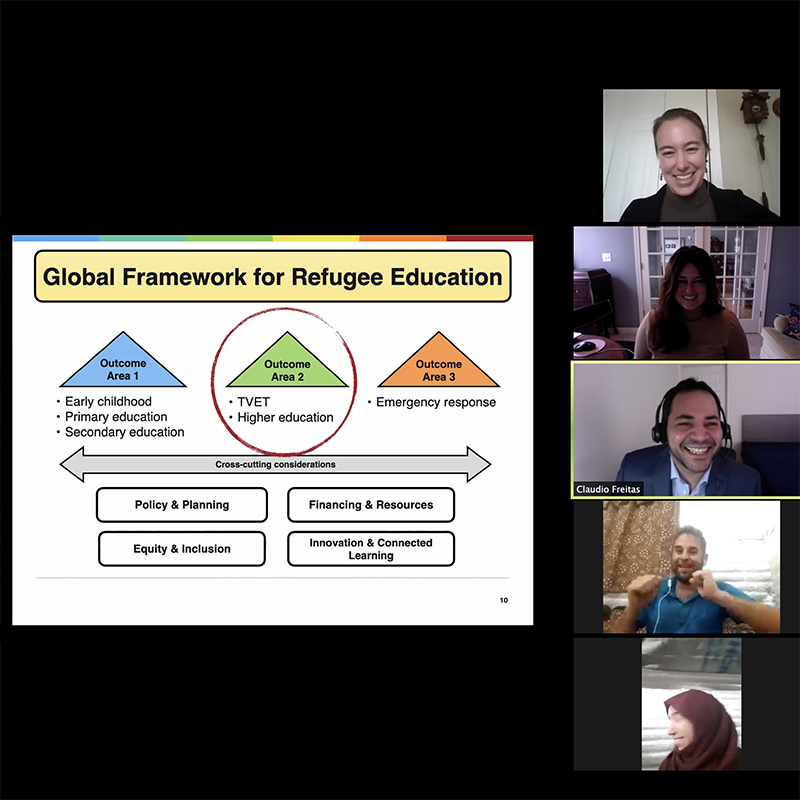 Screen shot of the virtual meeting with two refugees logging on.
