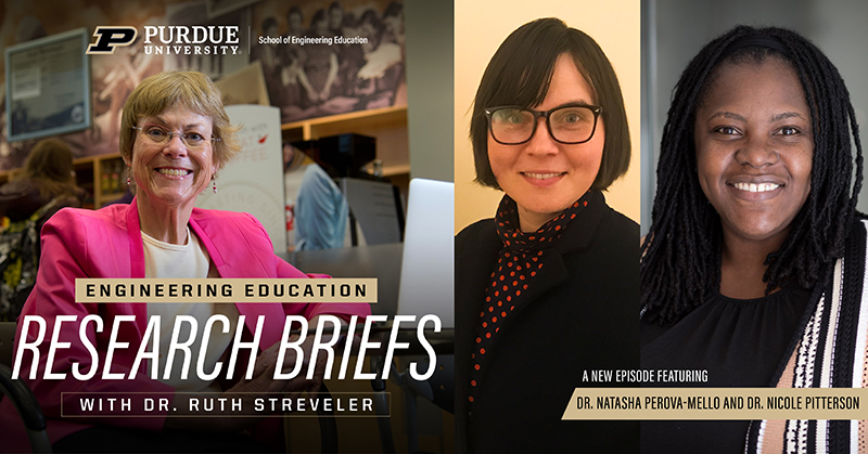 Dr. Ruth Streveler Podcast Label with headshots of guests Dr. Perova-Mello and Dr. Nicole Pitterson